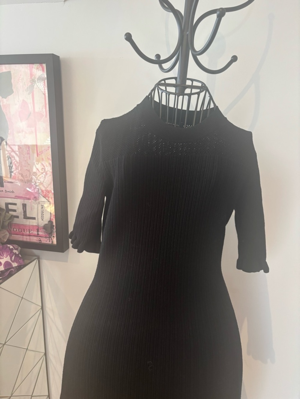 Black Ribbed Cold-Shoulder Knit Dress - Women